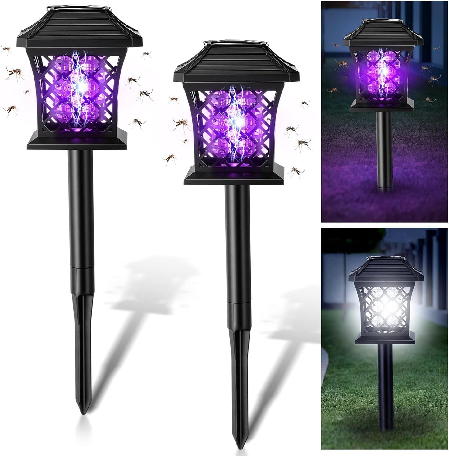 2 Pack Solar Bug Zapper with 365Nm UV Light, 2 Light Modes & 4 Installation Ways, Outdoor Mosquito Zapper for Lawn for Indoor Outdoor Use Garden & Camping Patio(Classic)
