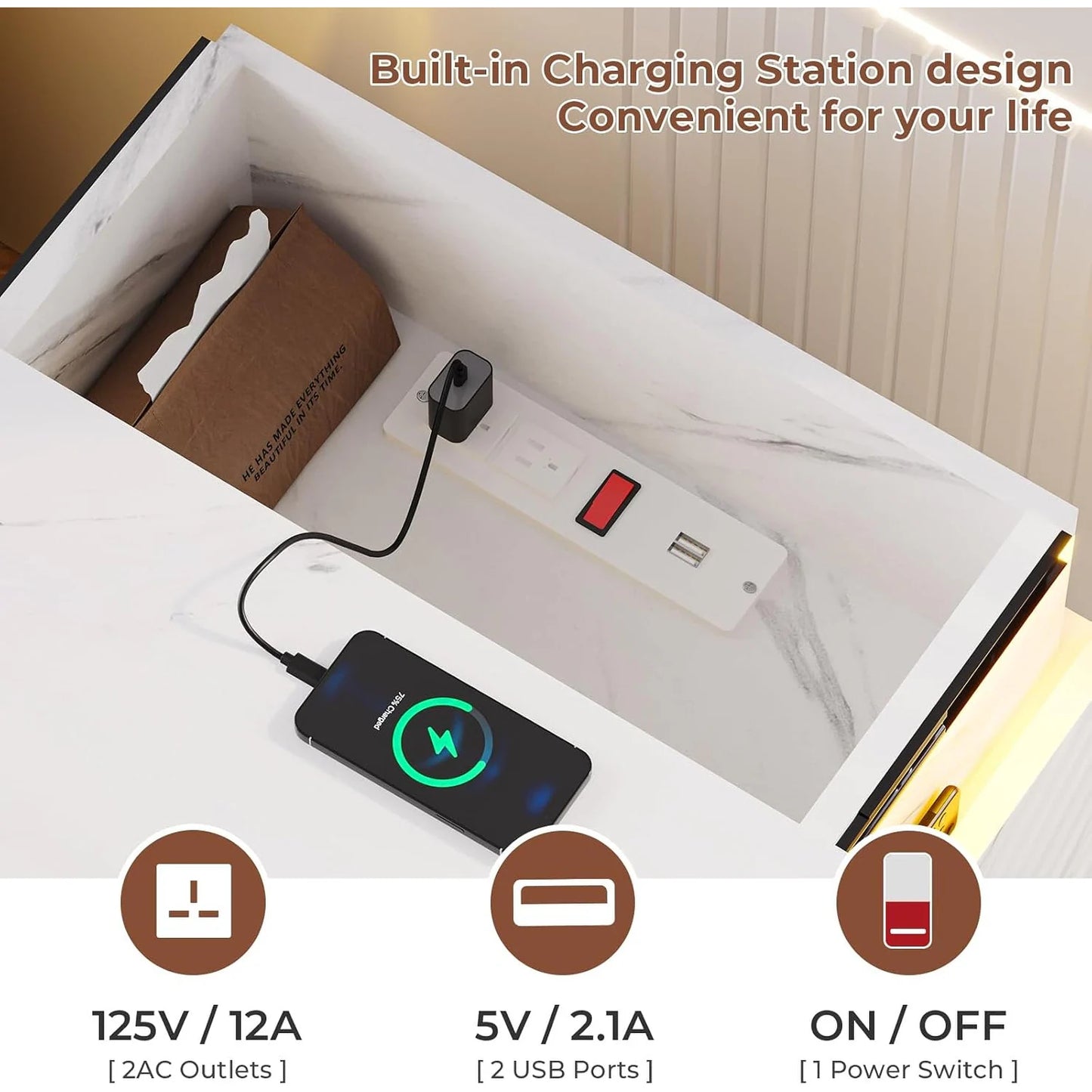 Bedroom Nightstand Charging Station LED Lights Sliding Top Drawers