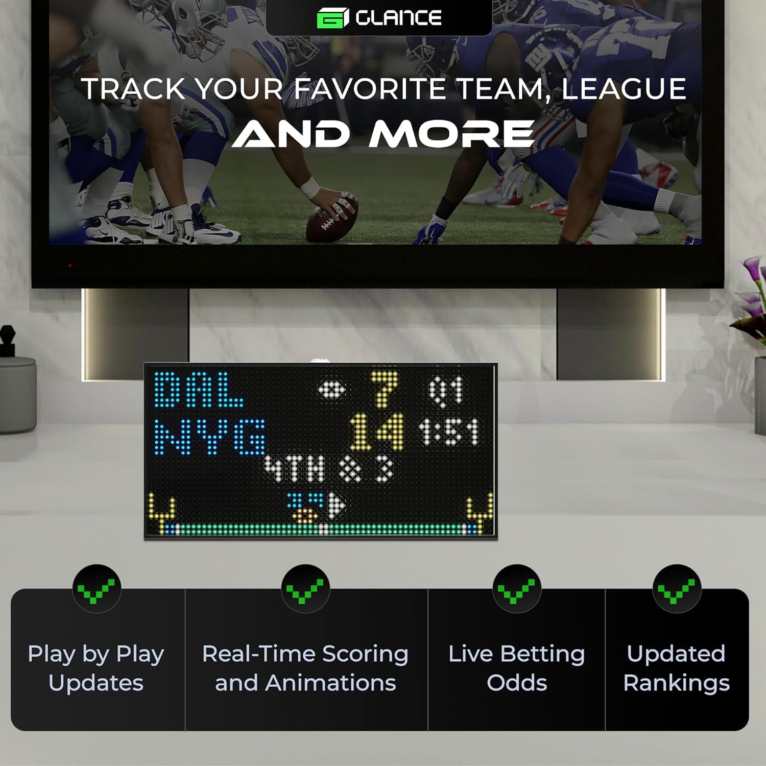 Glance LED Ticker - Customizable LED Display Sports Ticker, LED Display for Man Cave, Stock Market Ticker Display, Sports Score Retro Smart Pixel Display, Weather Display - 10.5"X5.5" Made in USA