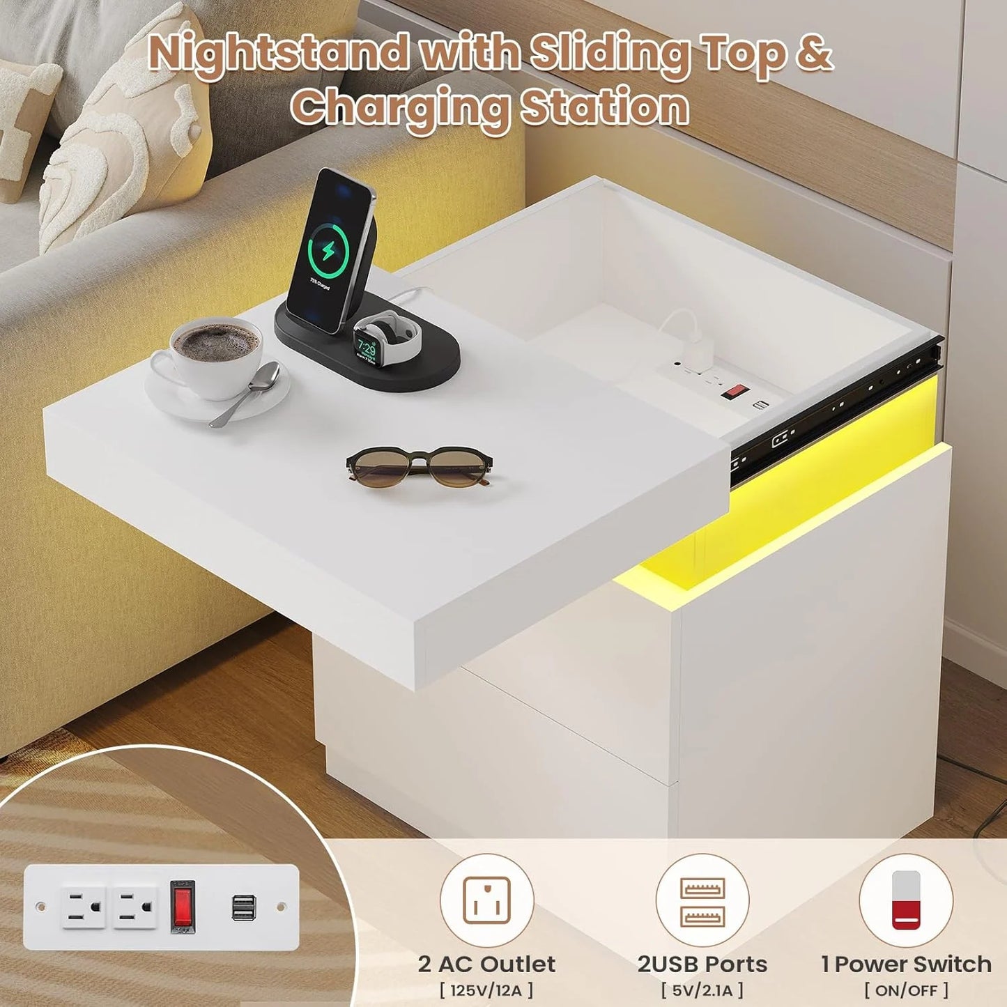 Bedroom Nightstand Charging Station LED Lights Sliding Top Drawers