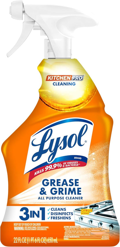 Lysol Pro Kitchen Spray Cleaner and Degreaser, Antibacterial All Purpose Cleaning Spray for Kitchens, Countertops, Ovens, and Appliances, Citrus Scent, 22Oz