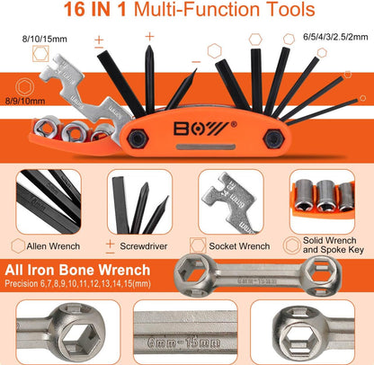 Bicycle Repair Bag with Tire Pump, Portable Tool Kit for Camping Travel - Bike Glueless Patches, Maintenance Essentials All in One Safety Kit