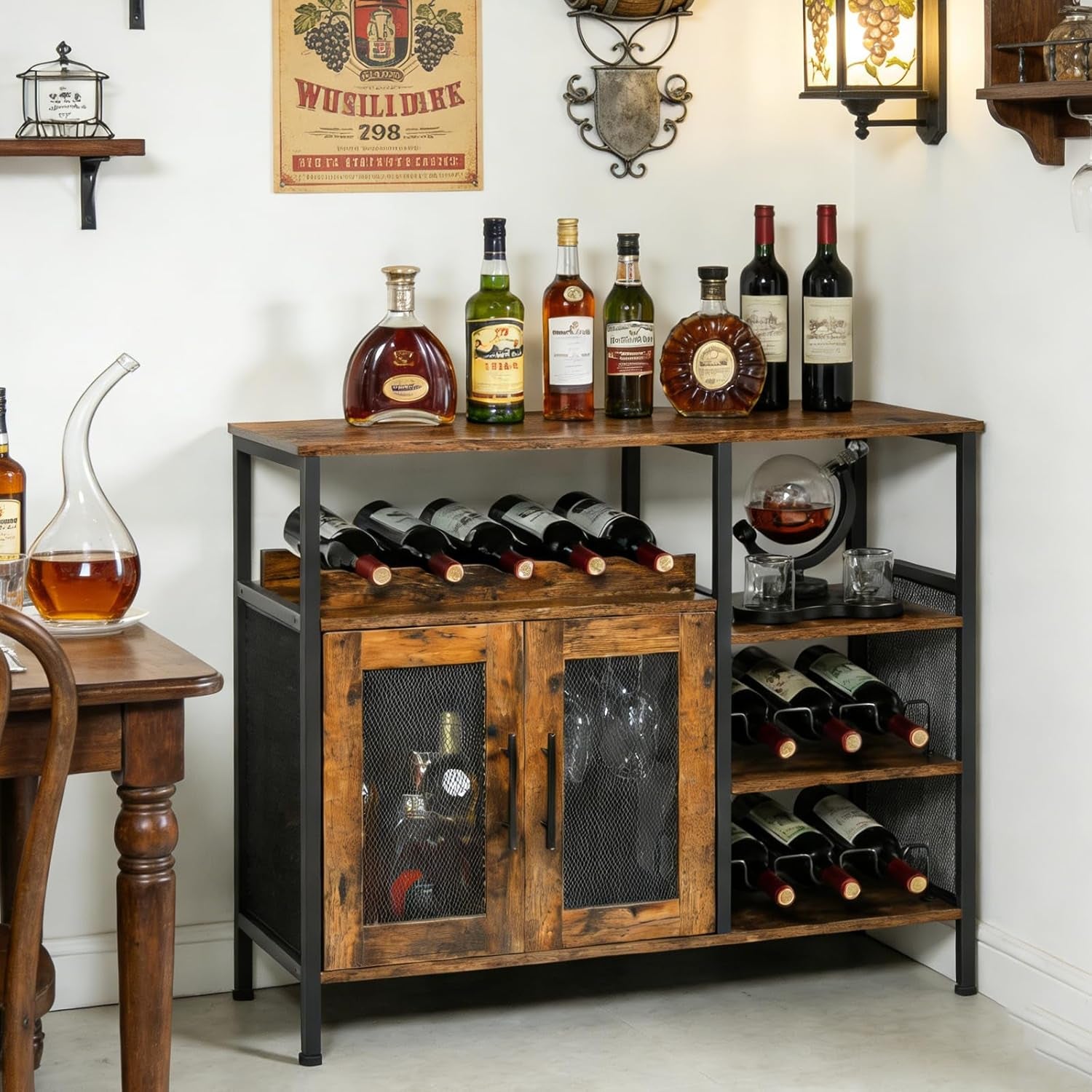 X-Cosrack Wine Bar Rack Cabinet with Detachable Wine Rack, Coffee Bar Cabinet with Glass Holder, Small Sideboard and Buffet Cabinet with Mesh Door, Rustic Brown, Large