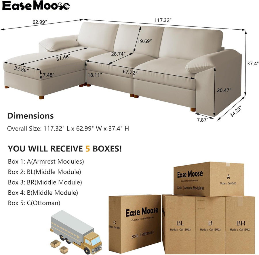 EASE MOOSE Leather Sectional Couch, Oversized Modular Sectional Sofas, Wide Deep Seat Modular Couch, Scratch Resistant Faux Leather Material, L Shaped Sofa for Big Spaces, Beige