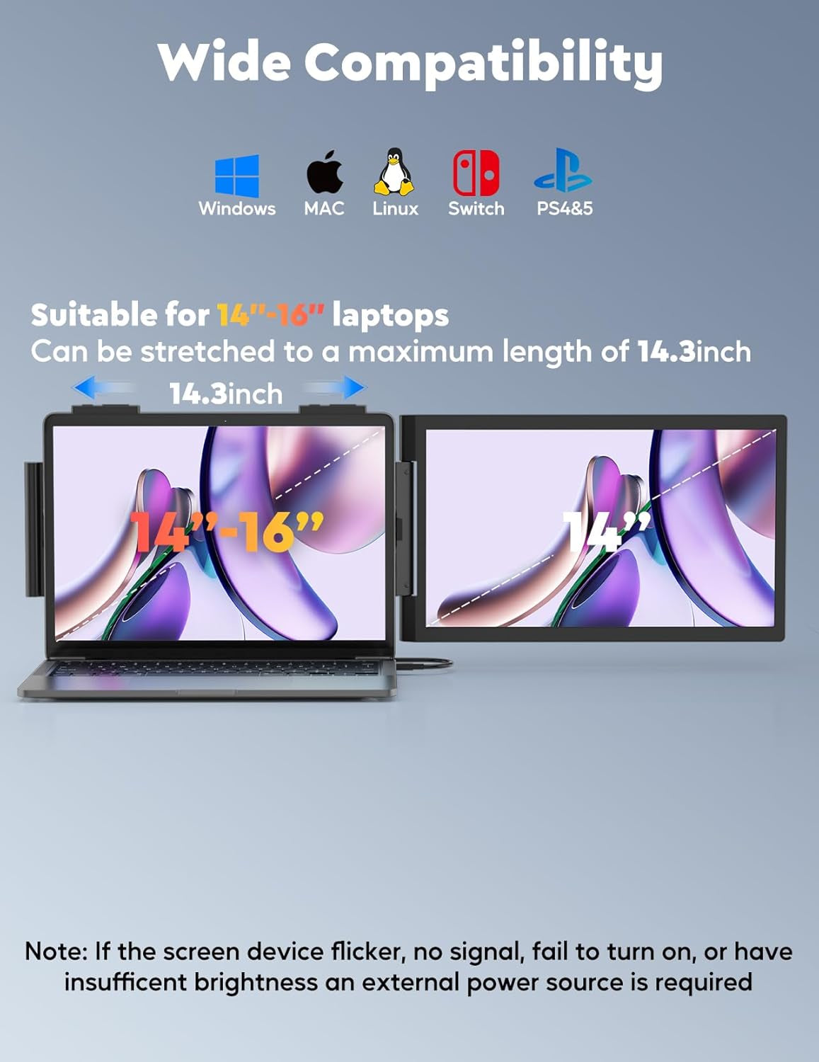 Laptop Screen Extender,14" FHD 1080P IPS Dual Screen,Attachment Screen Extended Extra Screen, Portable Monitor for Laptops 14-16" with USB-C/HDMI Port, Plug N Play for Windows/Mac/Android/Switch/Ps5