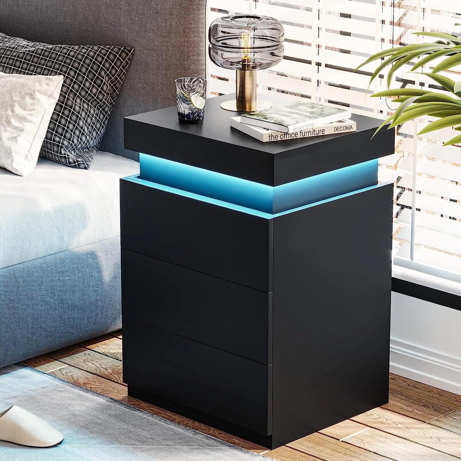 Bedroom Nightstand Charging Station LED Lights Sliding Top Drawers