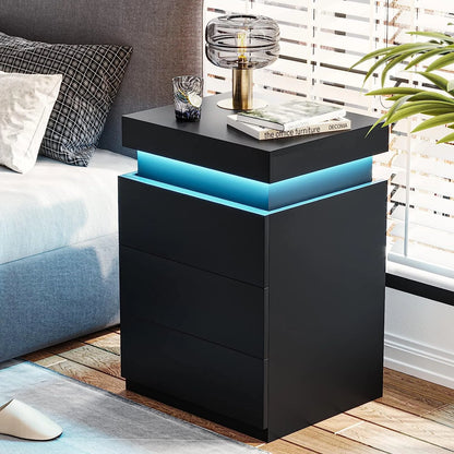 Bedroom Nightstand Charging Station LED Lights Sliding Top Drawers