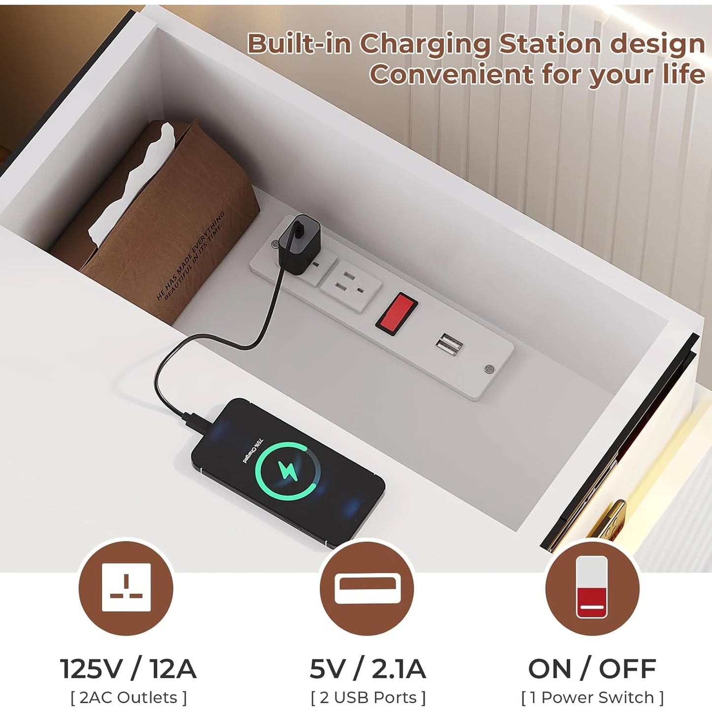 Bedroom Nightstand Charging Station LED Lights Sliding Top Drawers