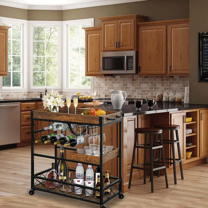 Ohsuaniy Bar Cart for the Home, 3 Tire Industrial Rolling Serving Cart on Lockable Wheels, Alcoholic Beverage Trolley with 2 Removable Trays, Wine Rack and Glass Holder for Indoor, Outdoor