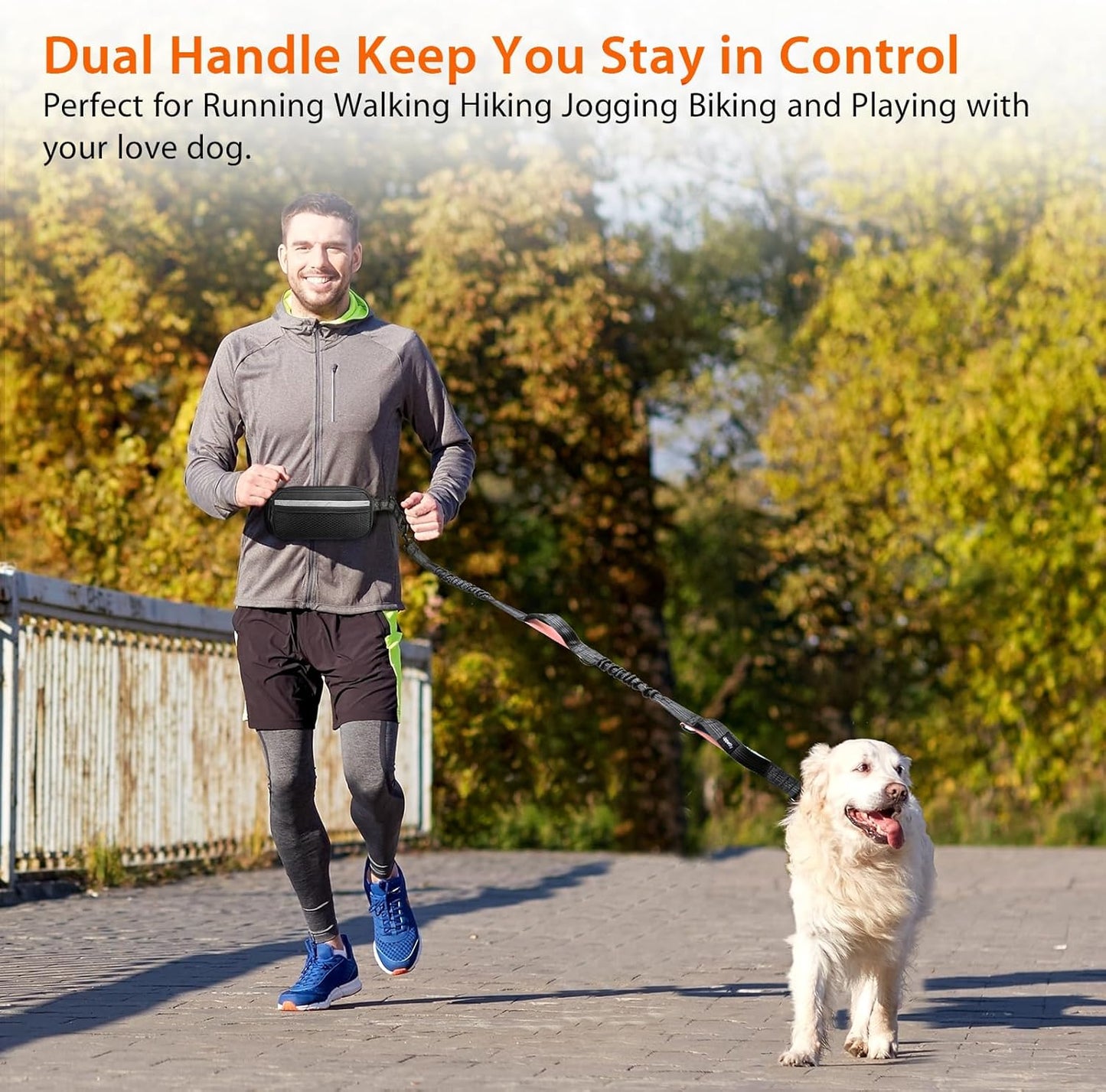 Uppetly Hands Free Dog Running Leash with Waist Belt, Dual Handle Elastic Bungees Retractable Rope for Medium and Large Dogs, Reflective Stitches for Walking Hiking Biking (Large Pink, 25-120Lb