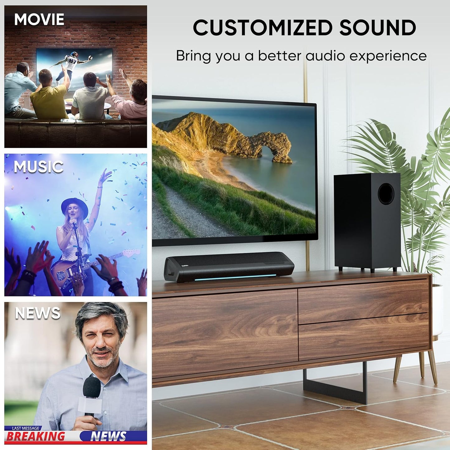 Sound Bars for TV with Subwoofer, 2.1 Deep Bass Small Soundbar Monitor Speaker Home Theater Surround System PC Gaming Bluetooth/Aux/Optical Connection, Wall Mountable 17-Inch