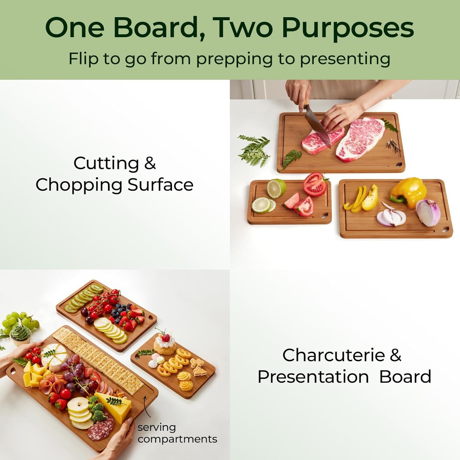 Bamboo Cutting Board, Durable Wood Cutting Boards for Kitchen with Deep Juice Grooves & Built-In Handles, Ideal Charcuterie & Chopping for Meat, Vegetables and Fruits Ideal Kitchen Gifts