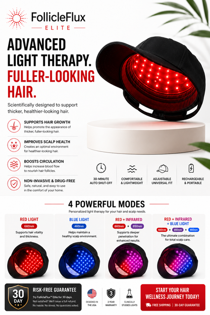 Follicle Flux™ Elite Advanced Multi-Spectrum Hair Wellness System Red Light Therapy Hat for Hair Growth, 4 Modes LED Hair Therapy Cap with 660Nm Red Light 460Nm Blue Light & 850Nm Infrared Light, Hands Free Scalp Care Hat for Men & Women Thicker Looking H