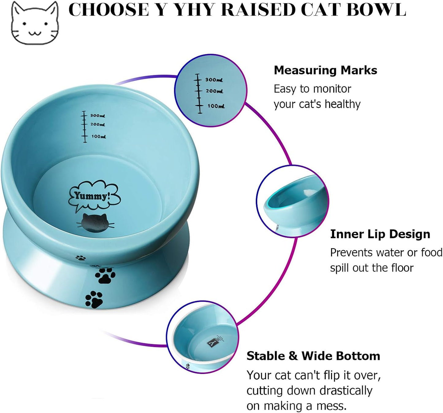 Y YHY Ceramic 15 Ounce Slanted Cat Food Water Bowl, Lake Blue