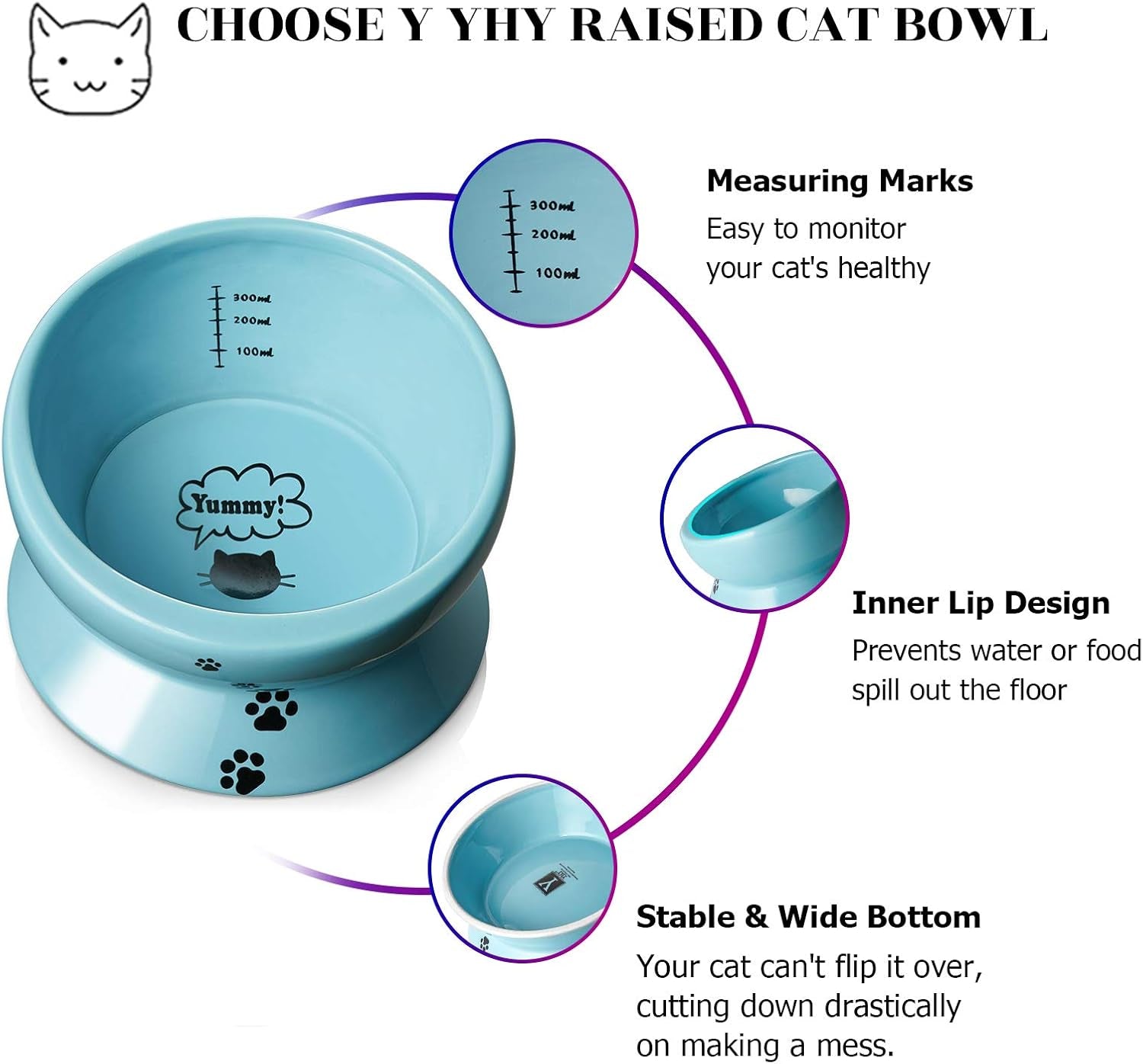 Y YHY Ceramic 15 Ounce Slanted Cat Food Water Bowl, Lake Blue
