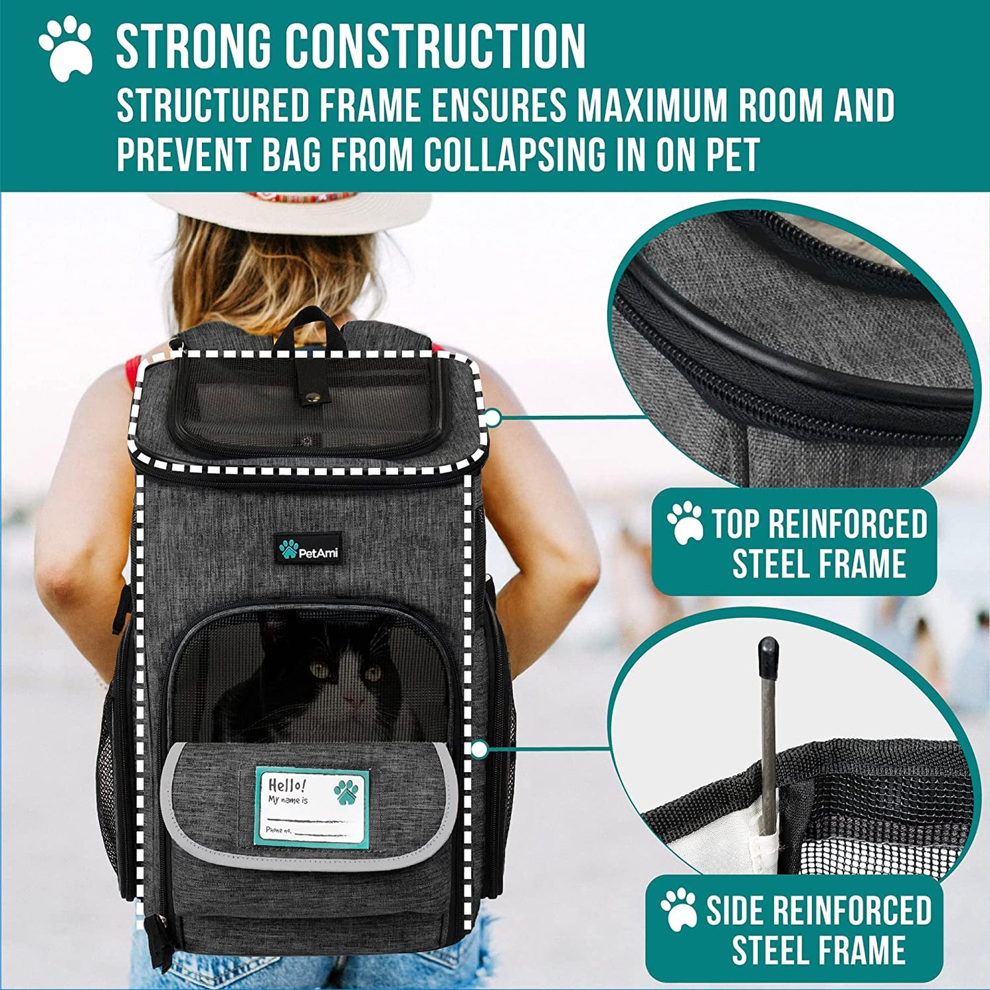 Petami Dog Backpack Carrier, Airline Approved 4-Way Entry Cat Backpack Carrier, Ventilated Mesh, Collapsible Pet Carrier for Small Puppy, Kitten, Hiking, Travel Car, Vet, up to 18 Lbs, Charcoal Gray