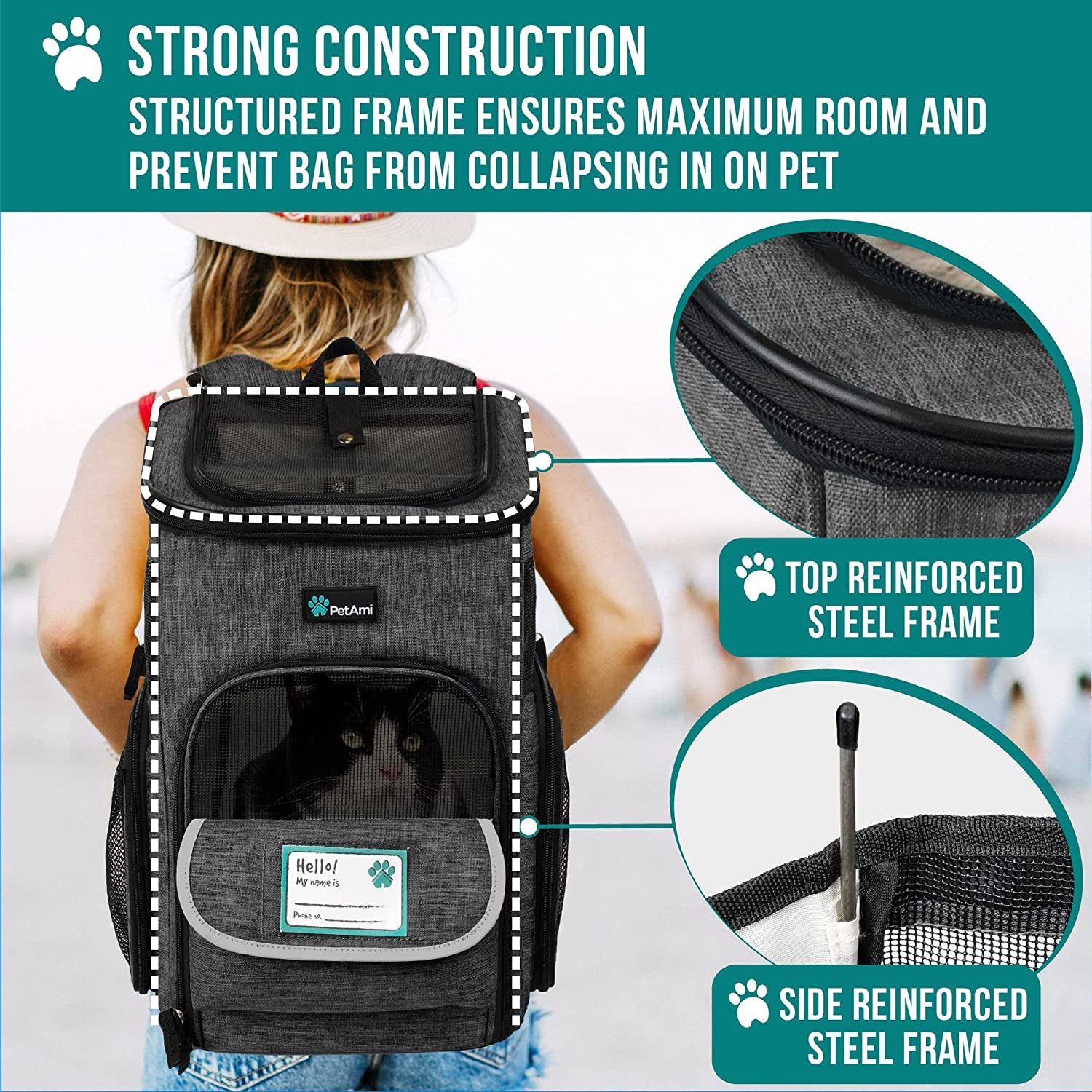 Petami Dog Backpack Carrier, Airline Approved 4-Way Entry Cat Backpack Carrier, Ventilated Mesh, Collapsible Pet Carrier for Small Puppy, Kitten, Hiking, Travel Car, Vet, up to 18 Lbs, Charcoal Gray