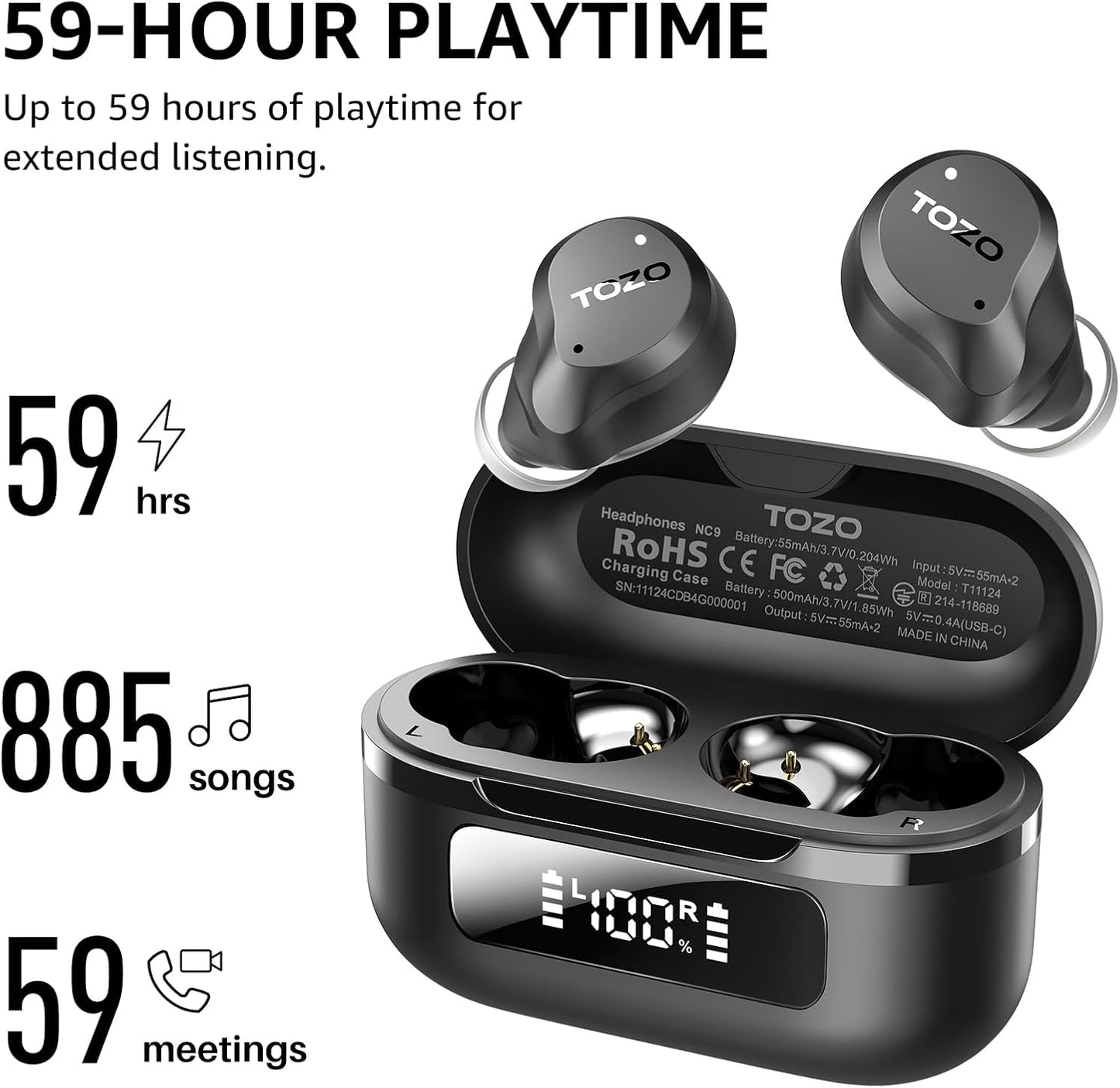 Hybrid Active Noise Cancelling Wireless Earbuds, 6 Mics ENC Clear Call, IPX8 Waterproof, in Ear Bluetooth 5.3 Headphones Stereo Bass Ear Buds 59H Playtime with LED Display 32 Eqs via APP