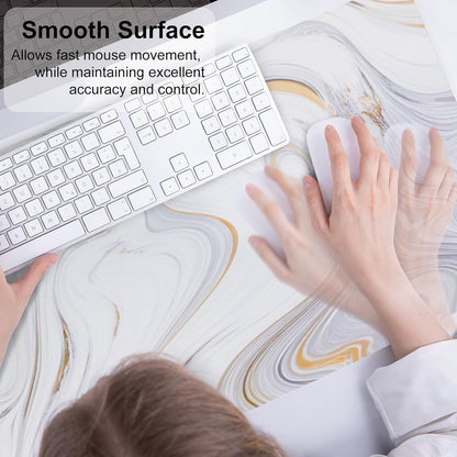 QIYI White Mouse Pad, Cute Marble Large Desk Mat, PU Leather Desk Protector Mousepad, Gold Grey Striped Waterproof Computer Keyboard Gaming Mouse Pads, Non Slip Extended Writing Pad 31.5" X 15.7"
