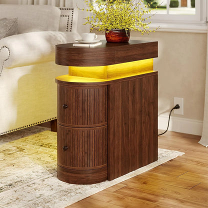 Bedroom Nightstand Charging Station LED Lights Sliding Top Drawers