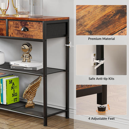 Furologee Entryway Table, 38'' Console Sofa Table with 3 Fabric Drawers, Industrial Entry Way Table with Storage Shelves, Display Shelf for Living Room, Hallway, Entrance, Foyer, Rustic Brown