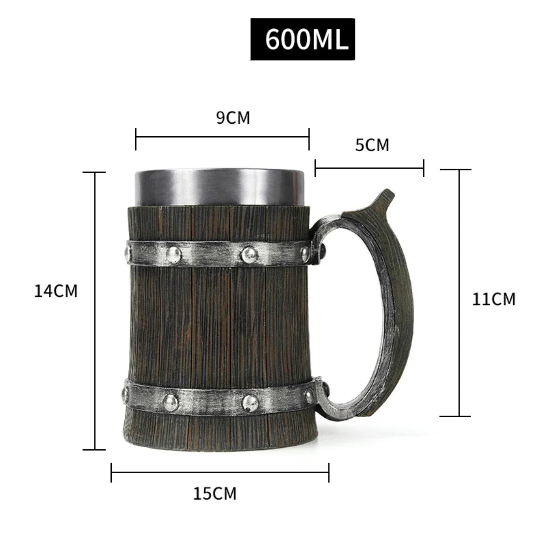 Viking Wood Style Beer Mug 3D Resin Stainless Steel Coffee Cup Wine Glass Metal Double Wall Mug Beer Jug Cup Thermal