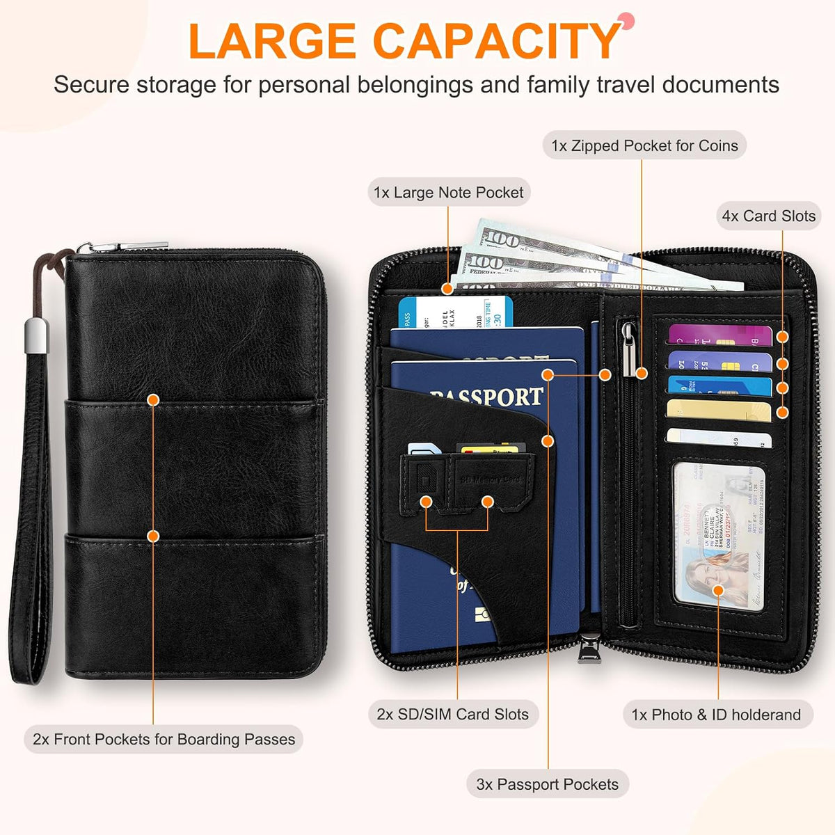 RFID-Blocking Family Passport Wallet – Multi-Document Travel Organizer with Removable Wristlet