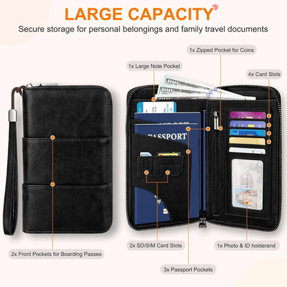 RFID-Blocking Family Passport Wallet – Multi-Document Travel Organizer with Removable Wristlet