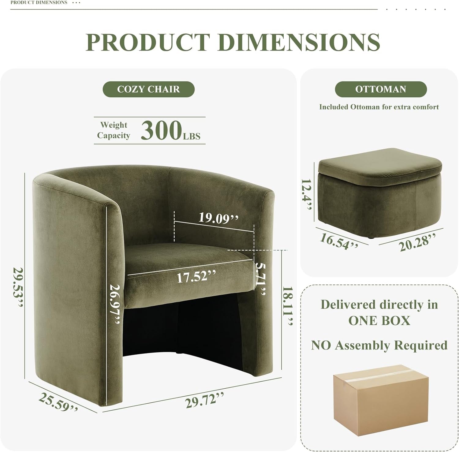 COLAMY Velvet Morden Living Room Chair with Storage Ottoman, Barrel Accent Chair with Lounge Seat for Bedroom/Reading Spaces, Green