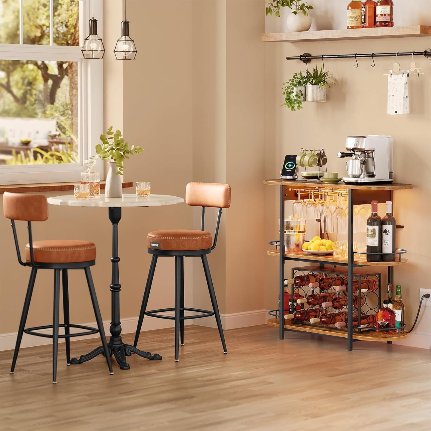 VASAGLE Bar Cabinet with LED Lights and Power Outlets, Freestanding Coffee Bar Wine Cabinet, Wine Rack, Glass Holder, Mini Bar for Liquor and Glasses, Kitchen, Dining Room, Rustic Brown ULWR007K01S