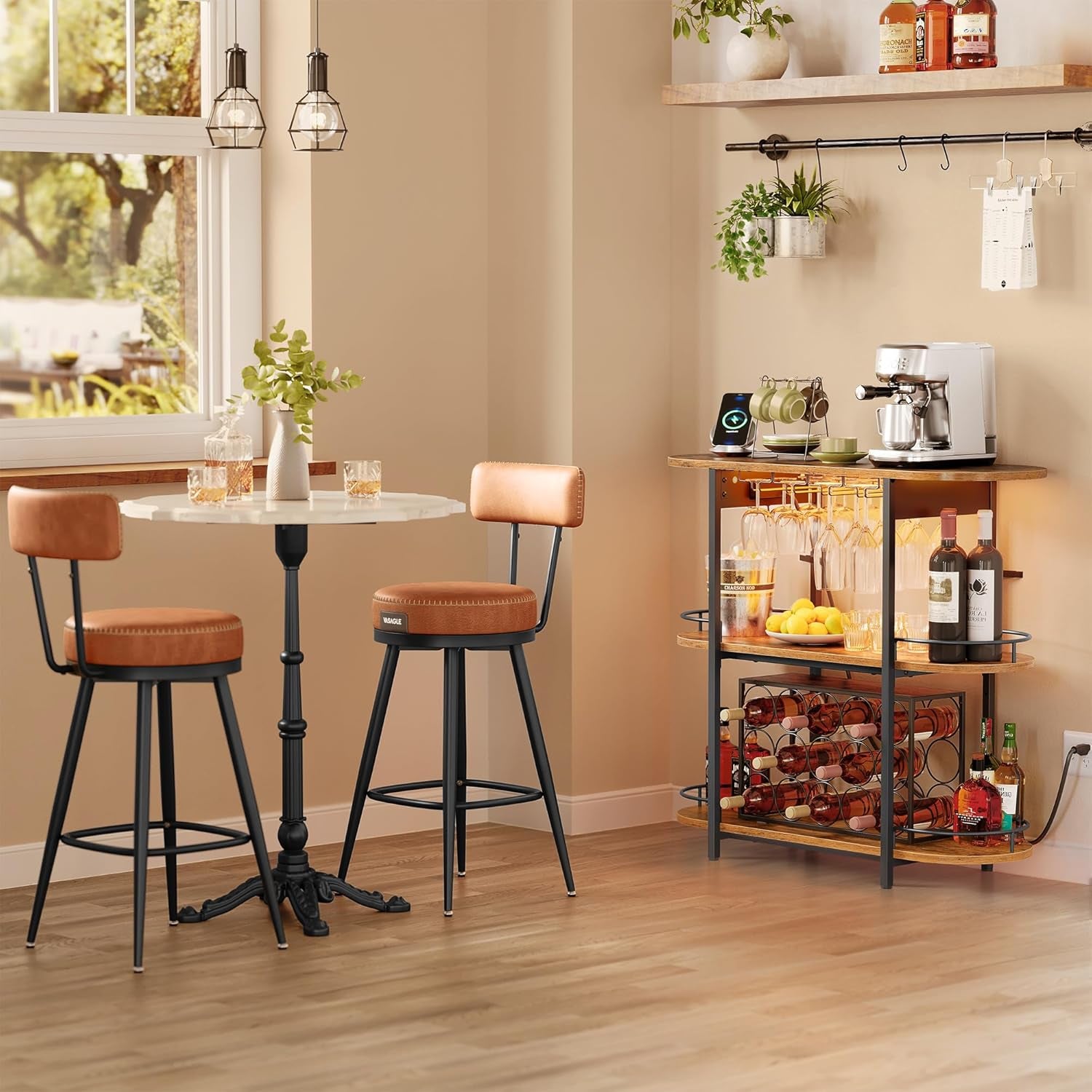 VASAGLE Bar Cabinet with LED Lights and Power Outlets, Freestanding Coffee Bar Wine Cabinet, Wine Rack, Glass Holder, Mini Bar for Liquor and Glasses, Kitchen, Dining Room, Rustic Brown ULWR007K01S