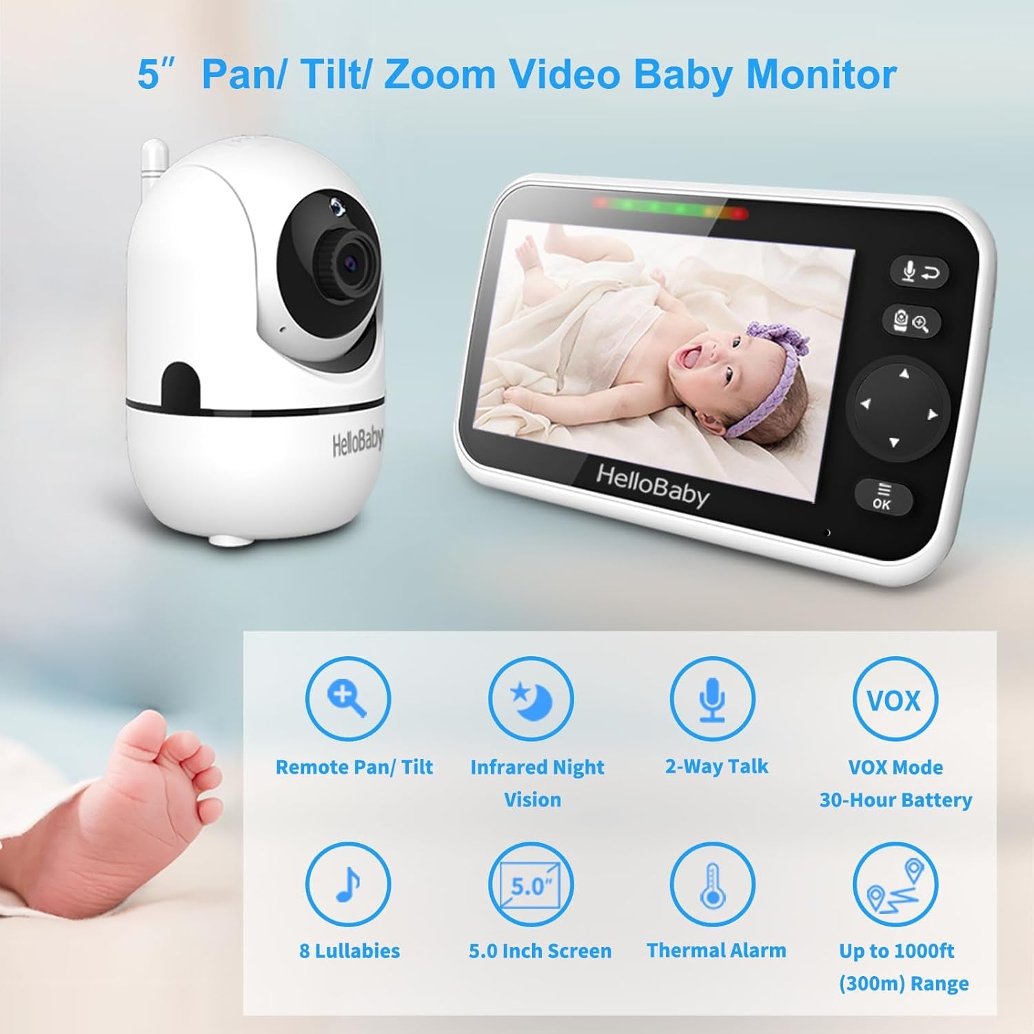 No Wifi Baby Monitor 5" Screen 30-Hour Battery Pan-Tilt-Zoom Video Upgrade with Camera and Audio, Night Vision, VOX, 2-Way Talk, 8 Lullabies and 1000Ft Range