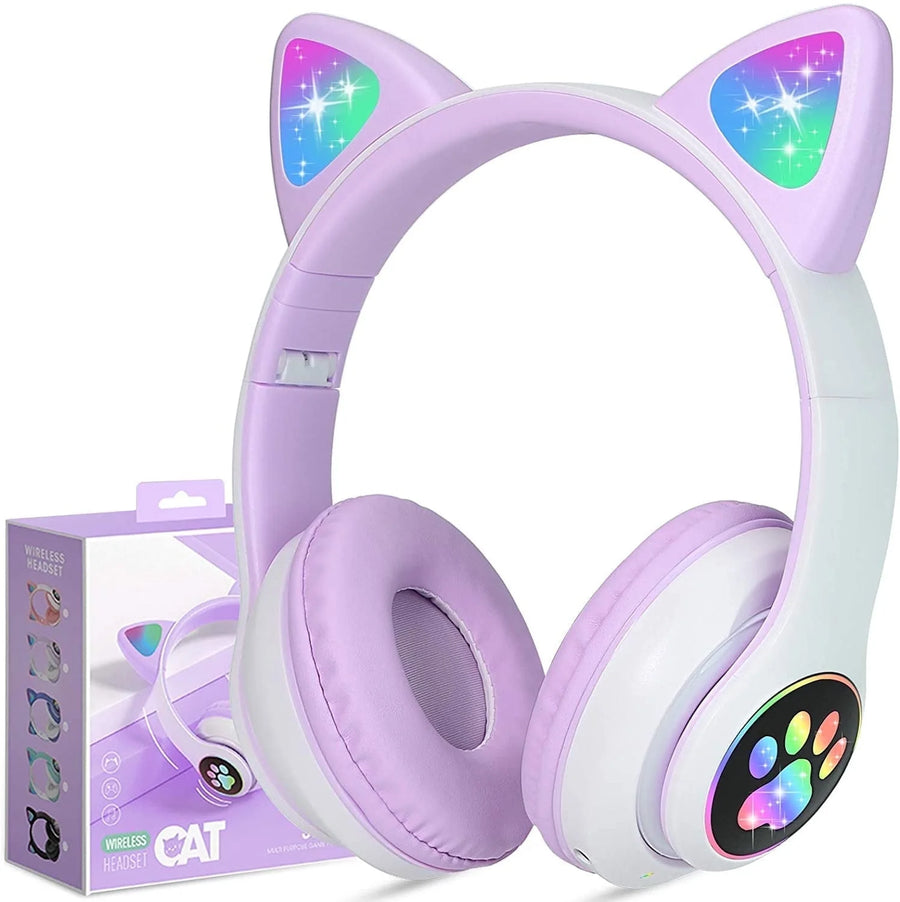 TCJJ Kids Headphones, Cat Ear Wireless Headphones, LED Light up Kids Bluetooth Headphones over on Ear W/Microphone for Phone