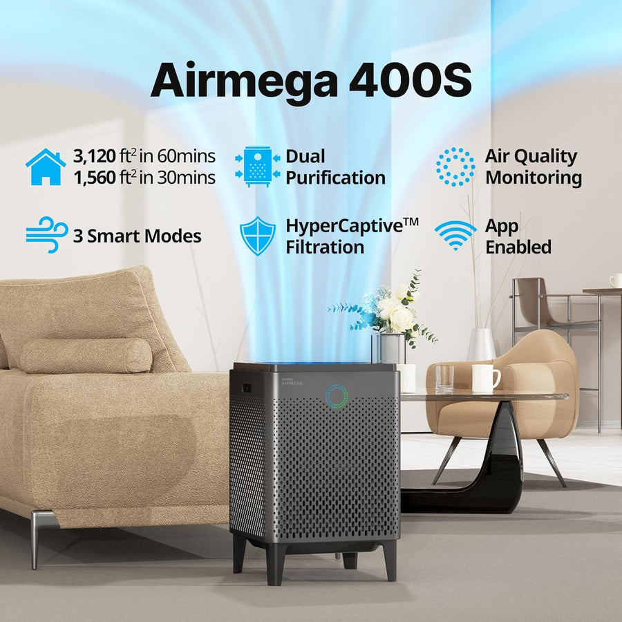 COWAY Air Purifier for Large Room Whole Home up to 3,120Ft², HEPA Filter for Smoke, Allergies, Pet Dander, Odor, App-Enabled, AQI, Smart Mode, Timer, 5Yr Warranty, Airmega 400S Graphite