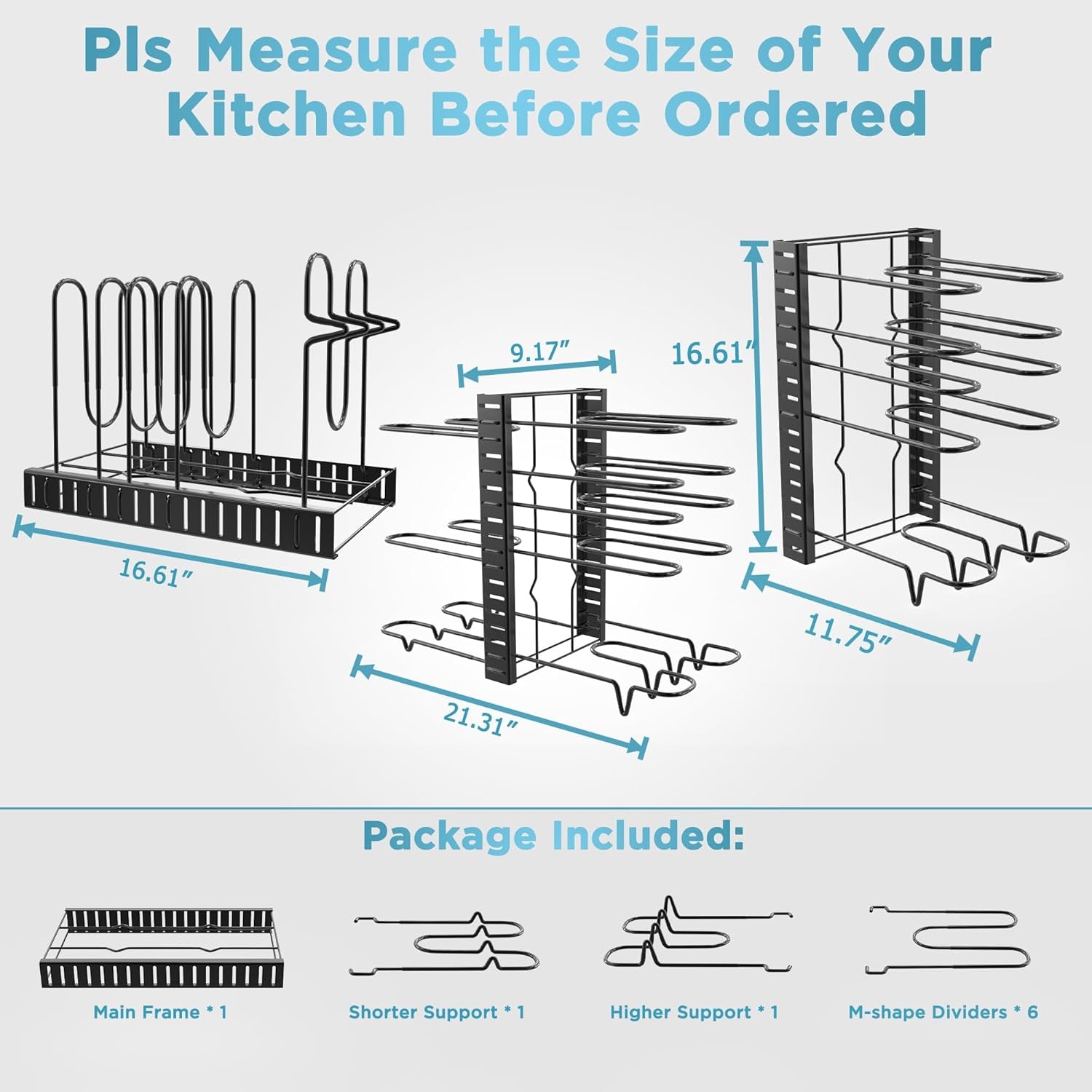 Pots and Pans Organizer for Cabinet 16.61 Height, 8 Tier Pot Organizers Rack with 3 DIY Methods, Adjustable Pan Organizer under Cabinet Kitchen Organization and Storage