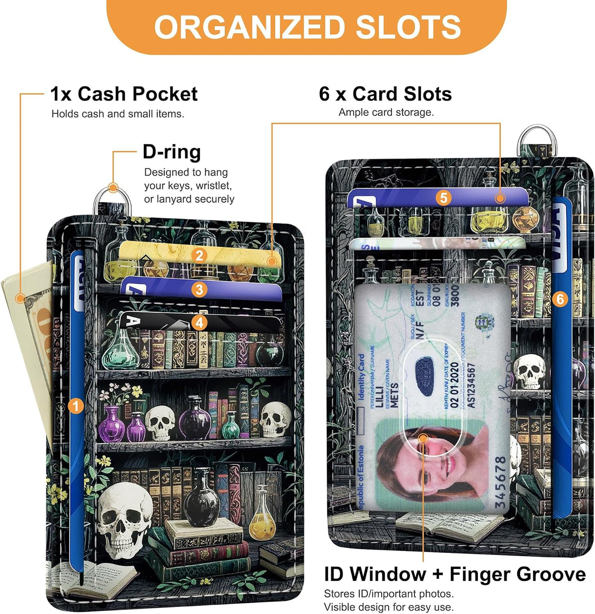 Viral Vault Goth Bookshelf Card Holder — Slim RFID Wallet with ID Window & D-Ring