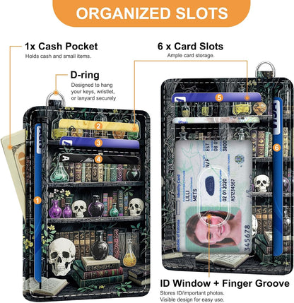 Viral Vault Goth Bookshelf Card Holder — Slim RFID Wallet with ID Window & D-Ring