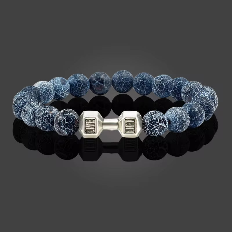 ForgeFit™ Volcanic Stone Fitness Bracelet / Natural Volcanic Stone Bracelet Men Matte Black Lave White Beads Charm Dumbbell Strand Bracelets Women Barbell Fitness Jewelry