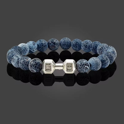 ForgeFit™ Volcanic Stone Fitness Bracelet / Natural Volcanic Stone Bracelet Men Matte Black Lave White Beads Charm Dumbbell Strand Bracelets Women Barbell Fitness Jewelry