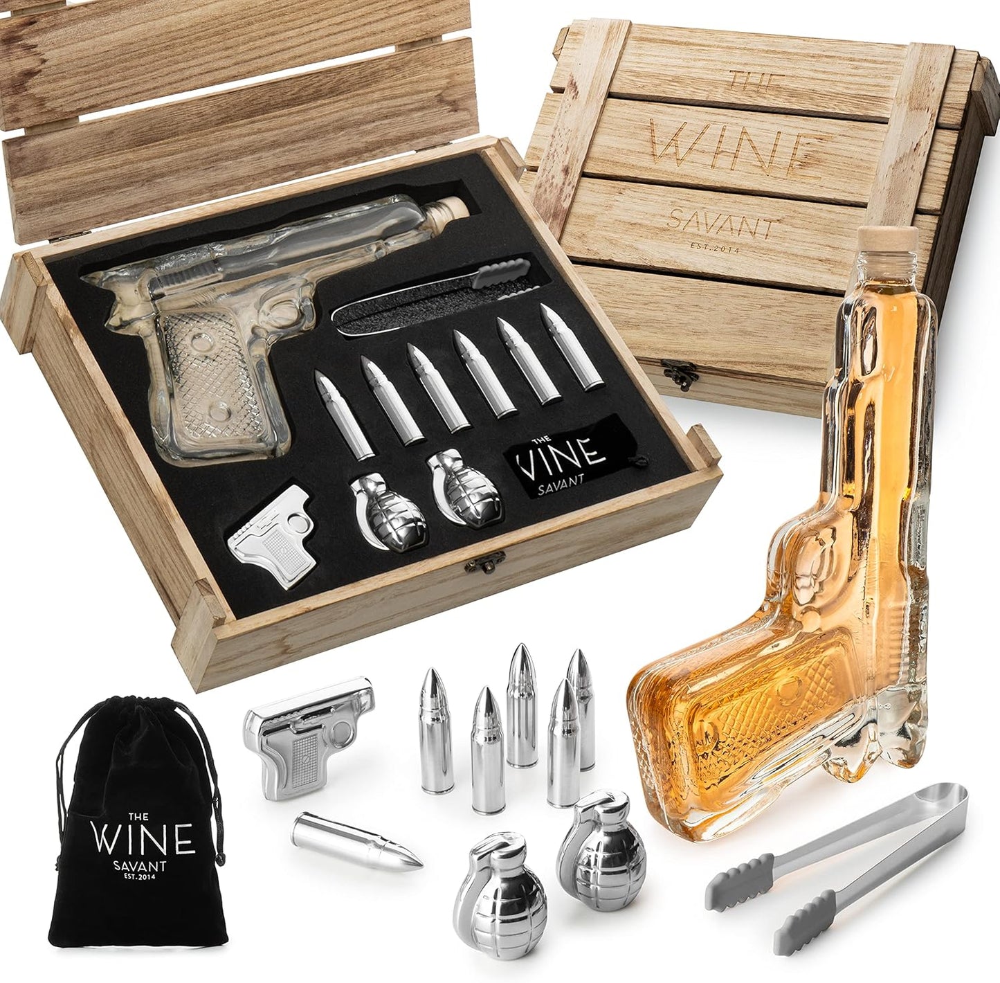 The Wine Savant Whiskey Gun Decanter Set + 2 Bullet Glasses - Birthday Pistol Gifts for Men Who Have Everything, Whiskey Gifts for Men Dad, for Father, Husband, Boyfriend & Military Enthusiasts