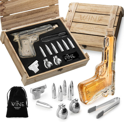The Wine Savant Whiskey Gun Decanter Set + 2 Bullet Glasses - Birthday Pistol Gifts for Men Who Have Everything, Whiskey Gifts for Men Dad, for Father, Husband, Boyfriend & Military Enthusiasts