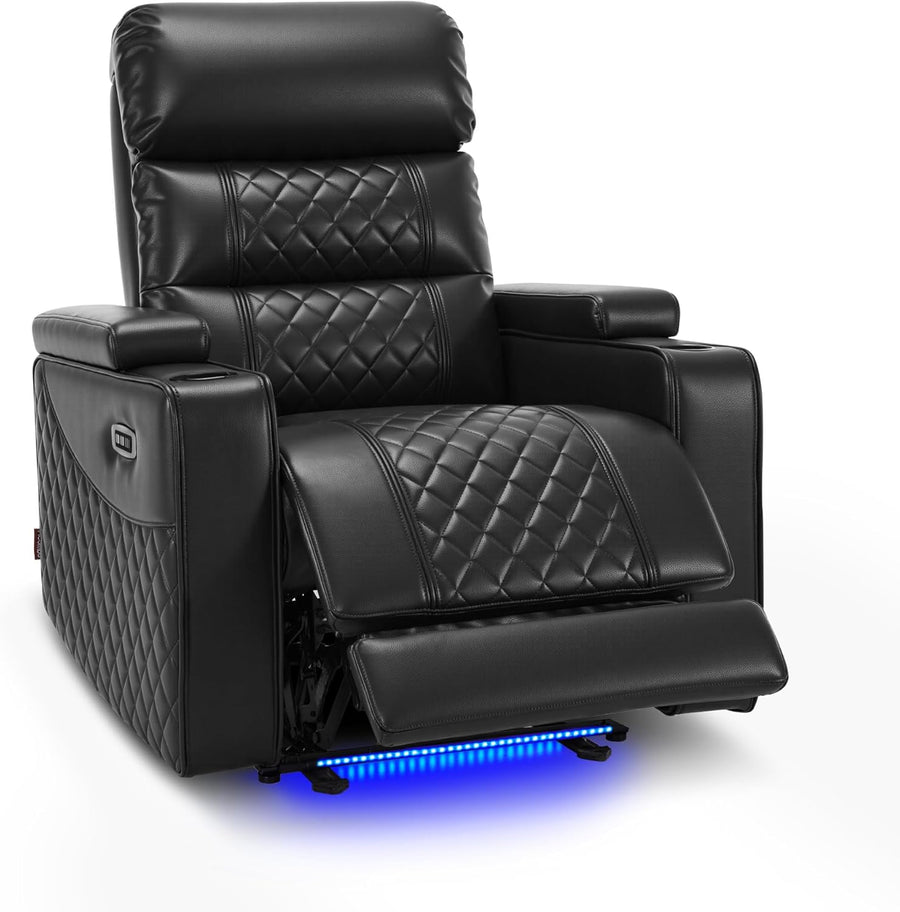 Mcombo Power Recliner Chair for Adults, Home Theater Seating with Power Headrest, FSC Certified, USB & Type C Ports, Armrest Storage & LED Light HTS432 (Black, Single Recliner)