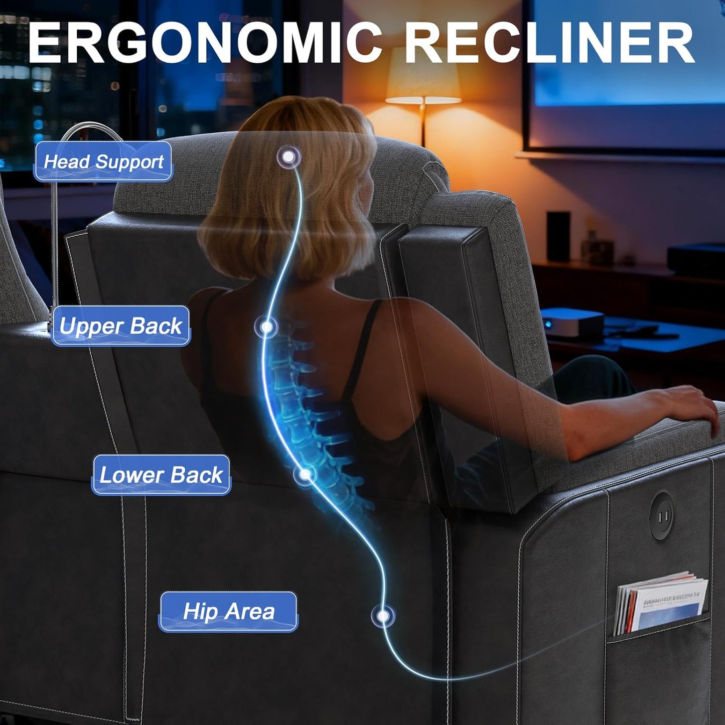 Duitrc Manual Loveseat Recliner Sofa, Home Theater Seating with Touch Reading Light, Console with Cup Holders & Storage, USB Ports, 2 Seater Reclining Couch for Living Room, RV, Home Theater