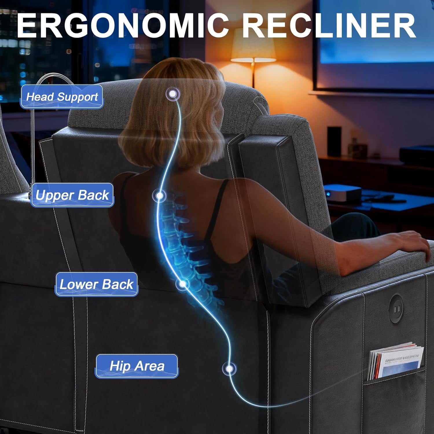 Duitrc Manual Loveseat Recliner Sofa, Home Theater Seating with Touch Reading Light, Console with Cup Holders & Storage, USB Ports, 2 Seater Reclining Couch for Living Room, RV, Home Theater