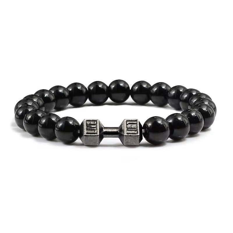 ForgeFit™ Volcanic Stone Fitness Bracelet / Natural Volcanic Stone Bracelet Men Matte Black Lave White Beads Charm Dumbbell Strand Bracelets Women Barbell Fitness Jewelry