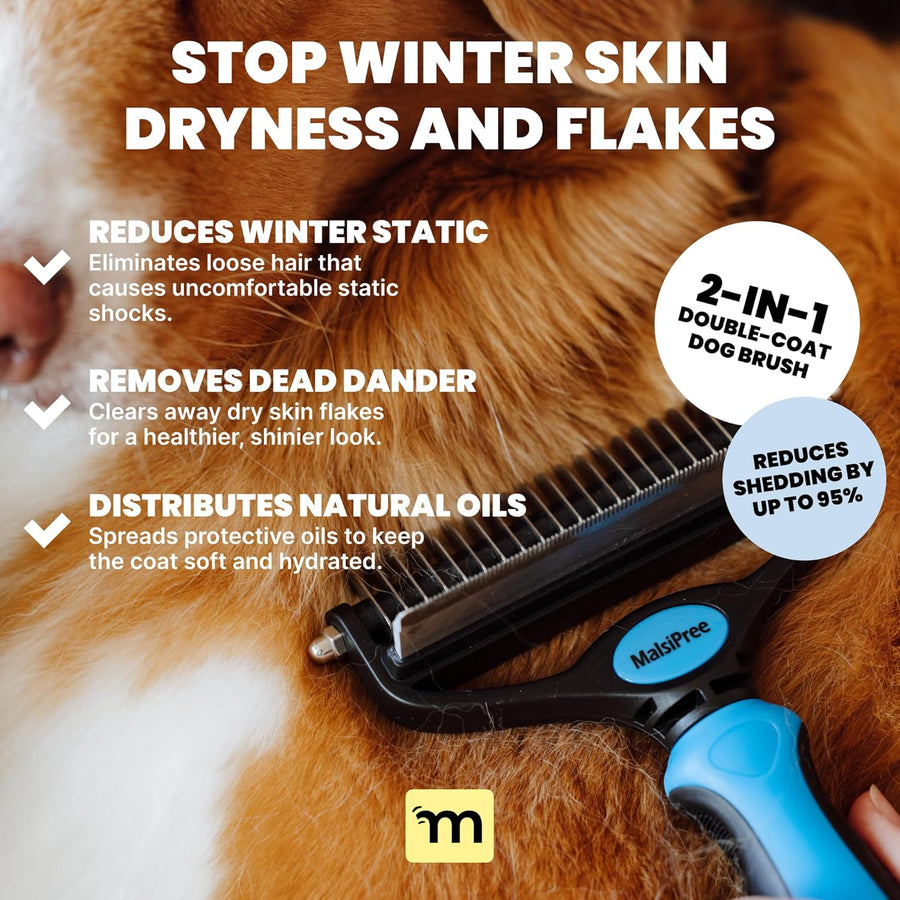 Malsipree Dog Brush for Shedding - Large, Blue, 2-In-1 - Deshedding Dog Grooming Brush & Undercoat Rake with Dematting Comb for Medium to Large Double Coated