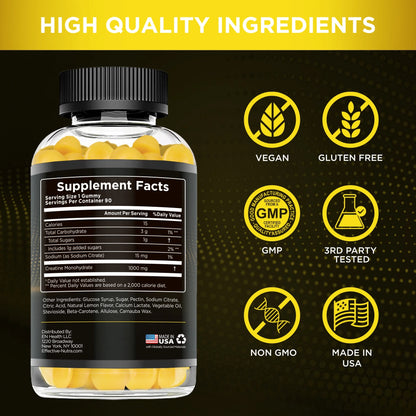Effective Nutra Creatine Gummies for Men & Women - Creatine Monohydrate Gummies for Strength, Muscle, Energy - Natural Lemon Flavor (90Ct)