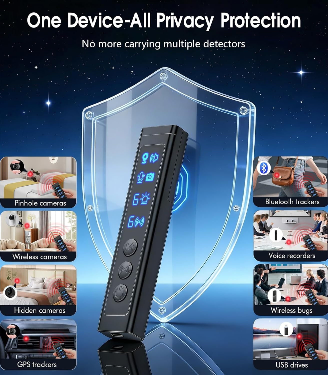 AI Hidden Camera Detector,High Precision Bug & Wifi Scanner Finder,All in One Hidden Devices Detector with 6 Sensitivity Levels & 4 Detection Modes,Gps Trackers for Hotel,Bathroom,Office,Car&Travel