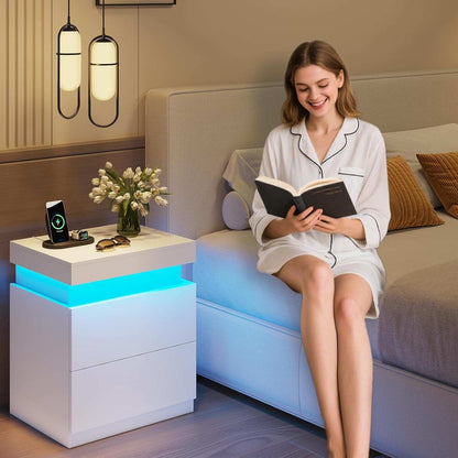 Bedroom Nightstand Charging Station LED Lights Sliding Top Drawers
