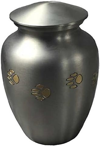 Ottillie Paws Legacy Series Pet Urn for Dogs and Cats, Handmade Brass Memorial Cremation Urn (Small - Pets up to 25 Lbs, Pewter, Vertical Brass Paws)
